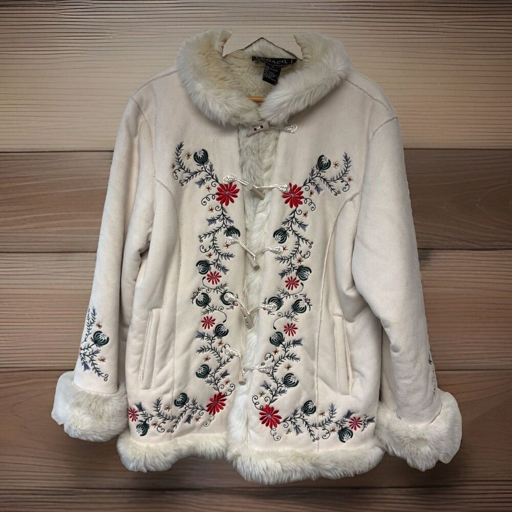 Floral Embroidered Vegan Suede Faux Fur Penny Lane Coat Boho Hippie Phoebe Insp.